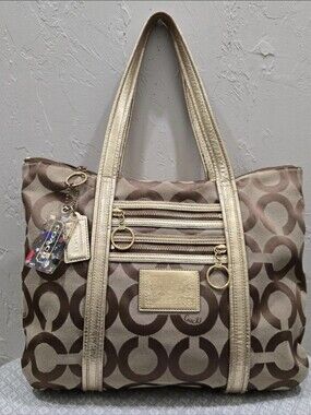 Coach Poppy Glam Canvas Tote in Brown and Cream with Gold Accents
